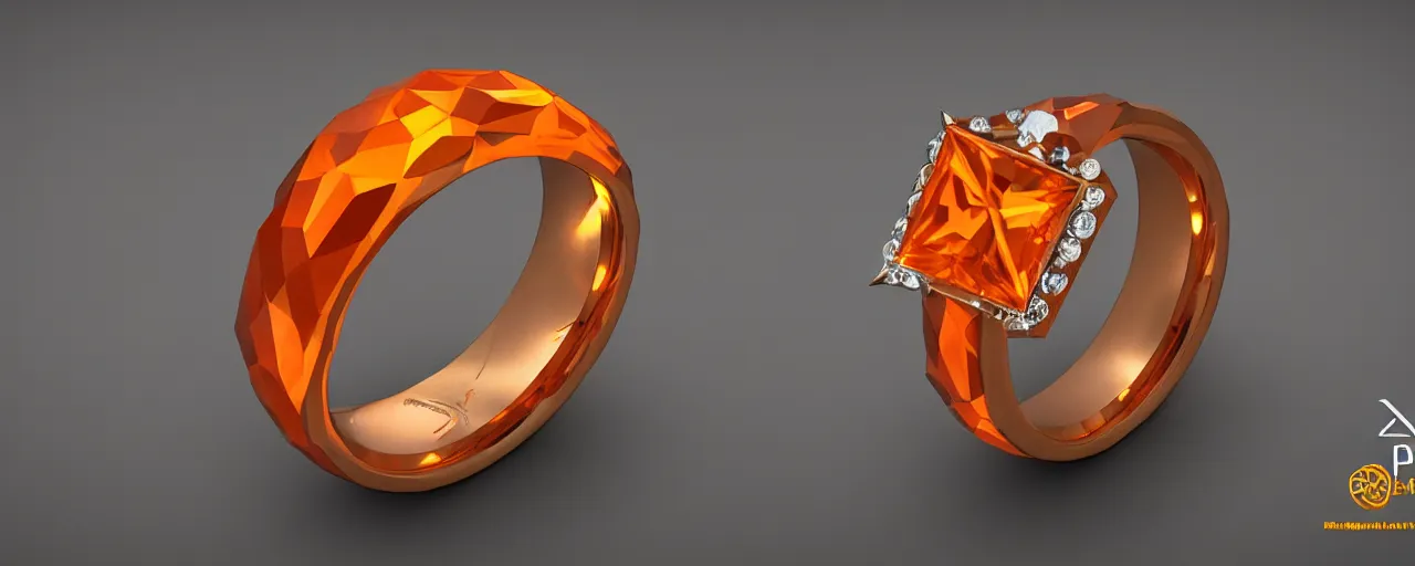 Prompt: simple tungsten magic crystal ring, radiant cut, fire, orange, gold, smooth shank, crystal, engravings, diamonds, product design, jewelry, colorful, art by gerald brom, greg rutkowski and artgerm, photo realism, unreal engine, c 4 d