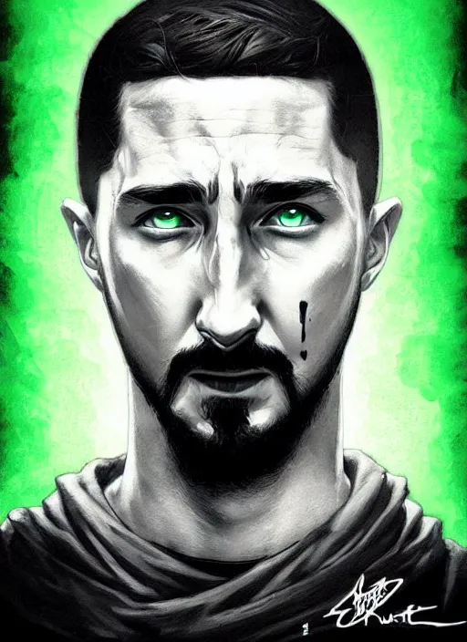 Image similar to highly detailed closeup portrait motivational poster of creepy staring shia lebouf with large bold letter motivational words by greg rutkowski, by artgerm, gradient green, black and white color scheme, grunge aesthetic!!! ( ( graffiti tag wall background ) )