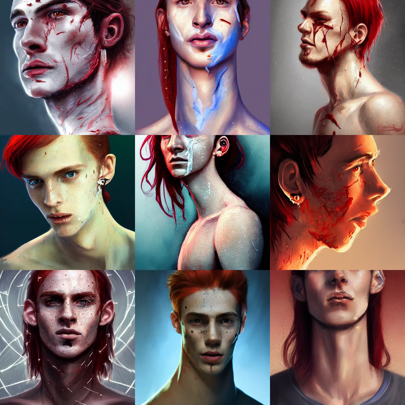 Image similar to portrait of a thin young man with long red hair, ponytail, a big scars, big gash on face, freckles on his face, an earring, intricate, elegant, glowing lights, highly detailed, digital painting, artstation, concept art, smooth, sharp focus, illustration