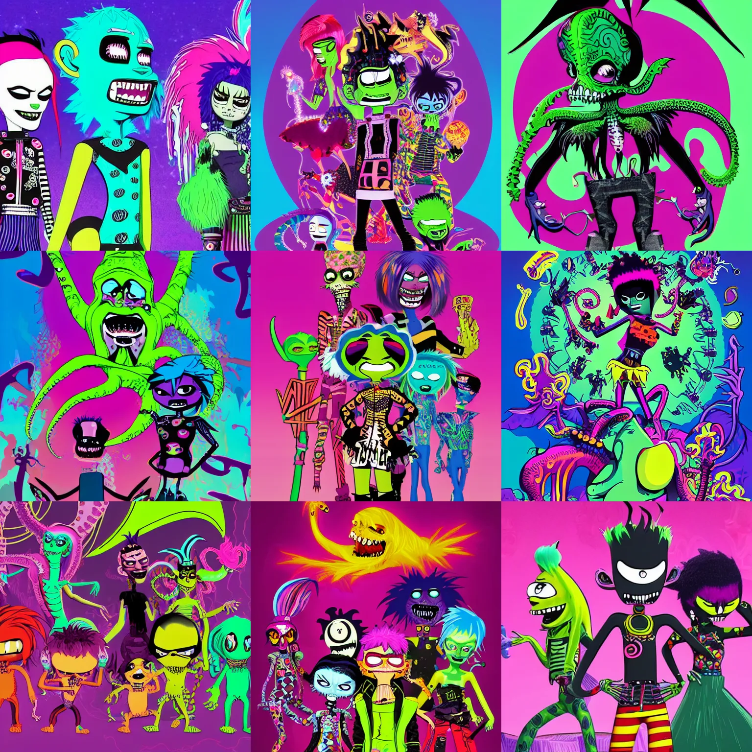 Prompt: CGI lisa frank gothic punk electrifying monsterous humanoid vampiric squid designs of varying shapes and sizes by genndy tartakovsky and Jamie Hewlett from gorillaz and the creators of fret nice high resolution, rtx