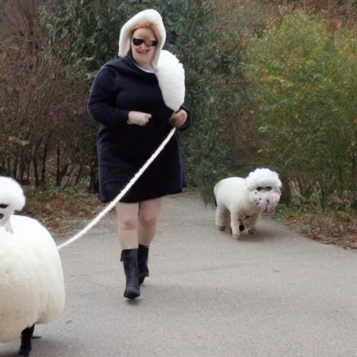 Image similar to a person wearing a sheep costume walking bichon frise on leash