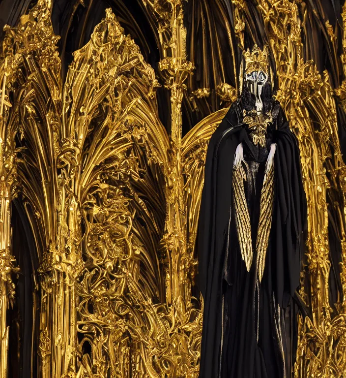 Prompt: full length picture of the angel of death wearing black robe with gold wings in an elaborate cathedral, octane, 8k, ultra detailed, photorealistic + sigma 105mm f2.8 macro