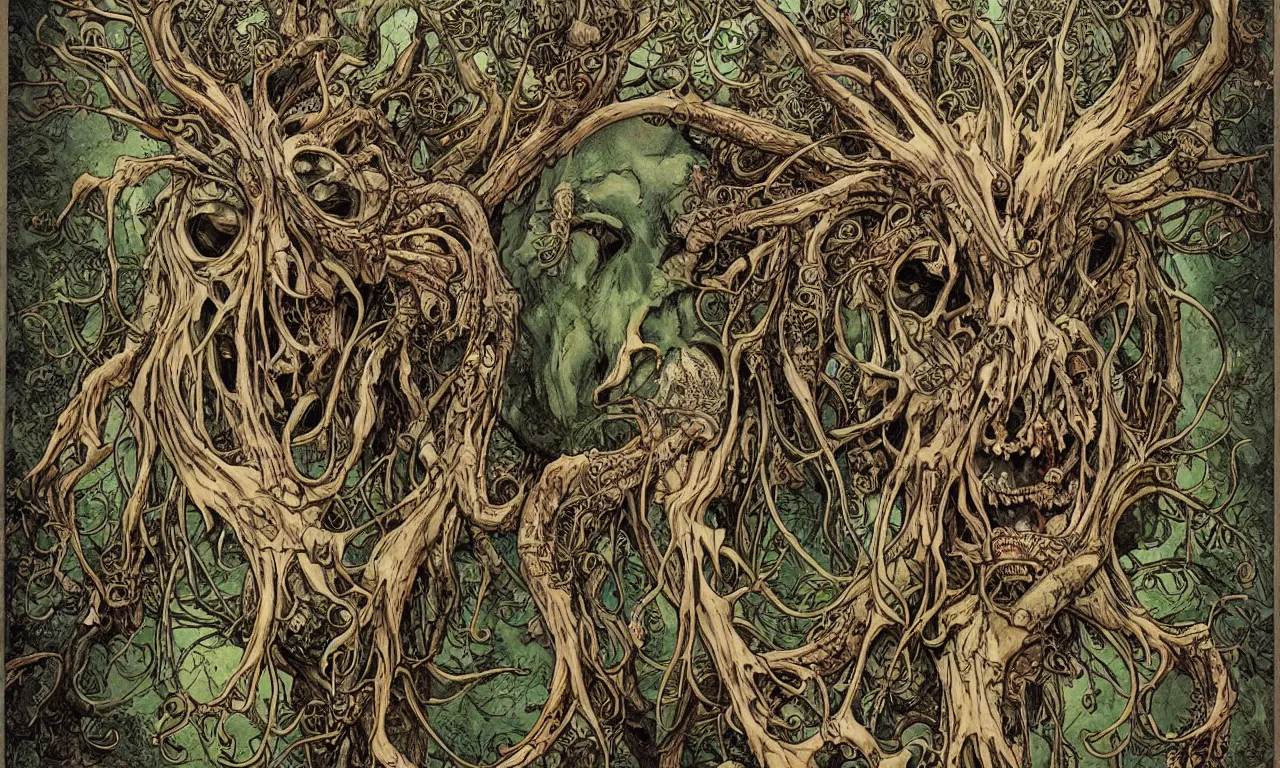 Image similar to hyperdetailed art nouveau portrait of treebeard as a cthulhu eyeball skull wendigo cryptid, by geof darrow, simon bisley and bill sienkiewicz, grim yet sparkling atmosphere, photorealism, claws, skeleton, antlers, fangs, forest, wild, crazy, horror, lynn varley, lovern kindzierski, steve oliff