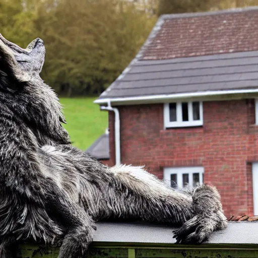 Image similar to wolf monsters sitting on the roof of a house in britain watching a pair of children walk down the road