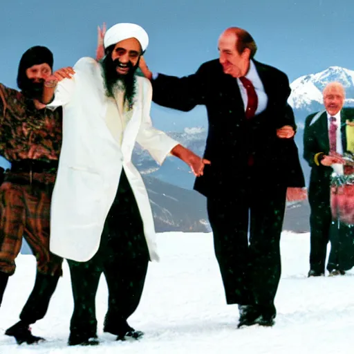 Image similar to bin laden dancing with king juan carlos, in the middle of a snowy landscape