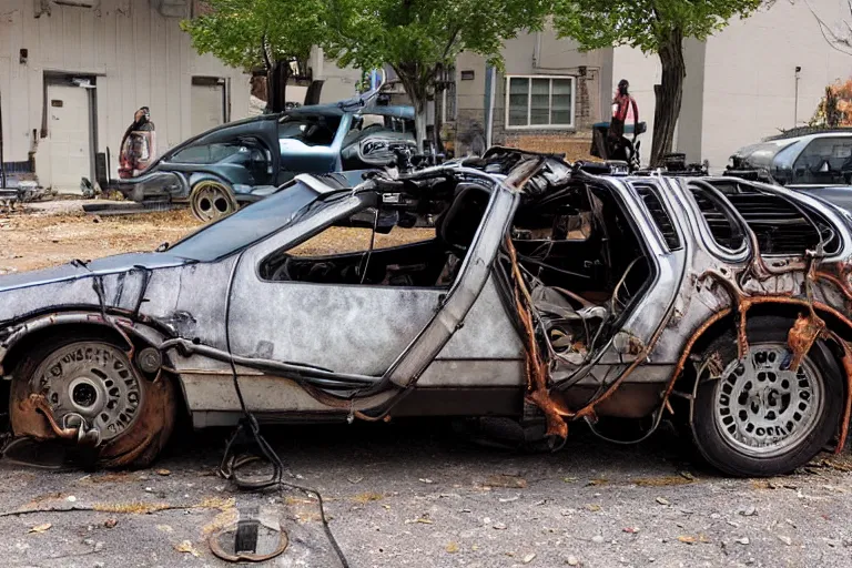 Image similar to rusty, derelict 2 0 2 2 delorean time machine being dragged by a tow truck