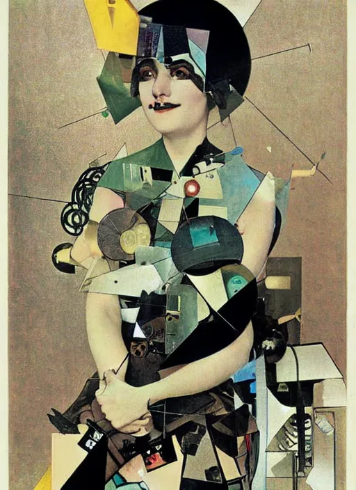 Prompt: cute punk goth fashion fractal necha girl wearing a television tube helmet and kimono made of circuits and leds, surreal Dada collage by Man Ray Kurt Schwitters Hannah Höch Alphonse Mucha Beeple