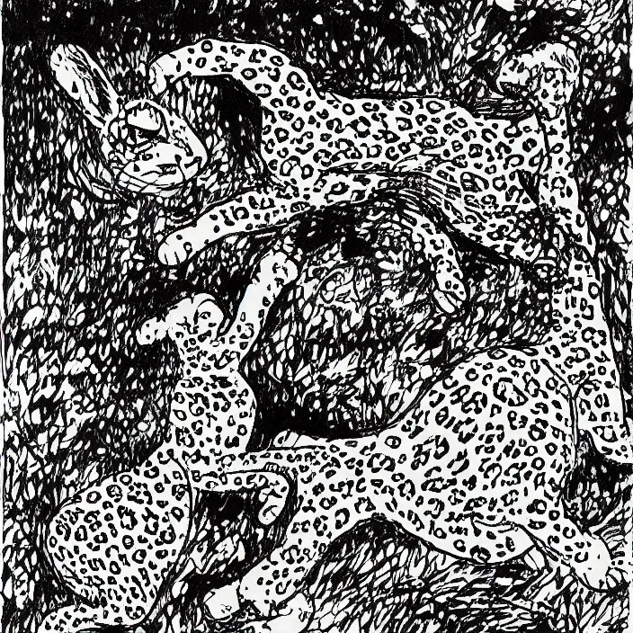 Image similar to a still frame from comic strip, leopard dancing with rabbit 1 9 5 0, herluf bidstrup, new yorker illustration, monochrome contrast bw, lineart, manga, tadanori yokoo, simplified,