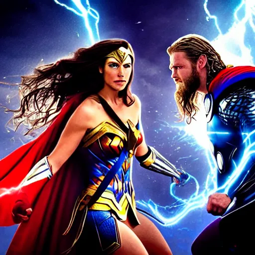 Prompt: thor and wonder woman in new york, fighting against villain electro, cinematic movie scene, epic fight, blue lightning, yellow lightning, photo, effects shot
