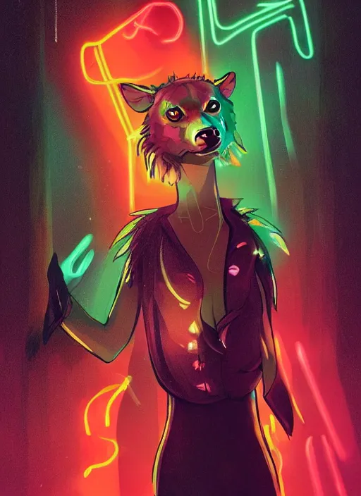 Prompt: beautiful hyena fursona portrait commission of a female anthropomorphic hyena fursona wearing 1 9 8 0 s stylish clothes. city at night in the rain. neon light. atmospheric. character design by charlie bowater, detailed, inked, western comic book art