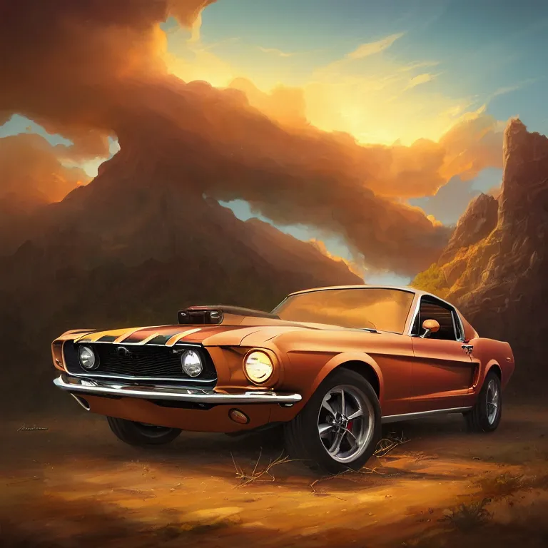 Prompt: long shot camera angle of a 1 9 6 8 mustang driving down a country road landscape, coriolios rpg art style, full of details, warm sunset colors, matte painting, artstation, 8 k, hyperrealistic, style of peter mohrbacher, album cover