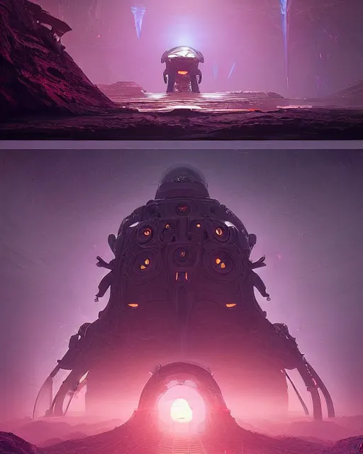 Image similar to alien temple, beautiful landscape, nier automata, protoss!!!!, machine planet, mothership in the sky, pink sun, tropical forest, colorful light, advanced technology, cinematic lighting, highly detailed, masterpiece, art by bastien grivet and darwin cellis and jan urschel