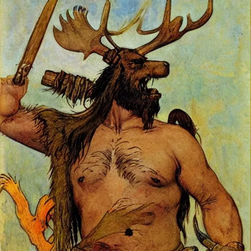 Prompt: hairy barbarian with moose head by carl larsson and frank frazetta