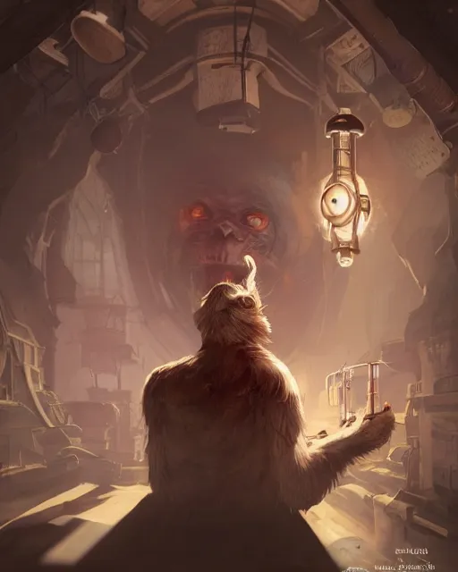 Image similar to Monkey Scientist, Experiment in Laboratory, clothed, D&D, artstation, fantasy, magic the gathering artwork, cinematic lighting, centered, symmetrical, highly detailed, digital painting, , concept art, smooth, sharp focus, illustration, volumetric lighting, epic Composition, 8k, art by Akihiko Yoshida and Greg Rutkowski and Craig Mullins, oil painting, cgsociety