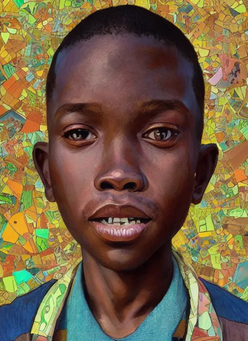 Image similar to colourful upper half portrait of an african boy with proportions in the style of jack davis - presented in magazine collage style, art by hsiao - ron cheng & alphonse mucha, magazine collage, highly detailed, caricature, digital painting, concept art, ray tracing, illustration, smooth, sharp focus, intricate, symmetry, pinterest, behance, artstation