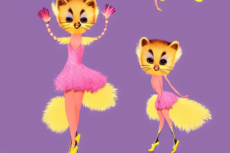 Prompt: detailed flat 2 d : female marten character : wearing jewelry : wearing a showgirl sequins feathers dress : head legs nice shoes : lorax movie : artstation