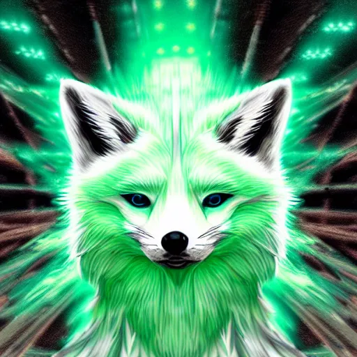 Prompt: digital green white wreen white green green fox, retrowave palette, digital world, highly detailed, electric breeze, anatomically correct vulpine, synth feel, fluffy face, ear floof, flowing fur, super realism, accurate animal imagery, 4 k digital art