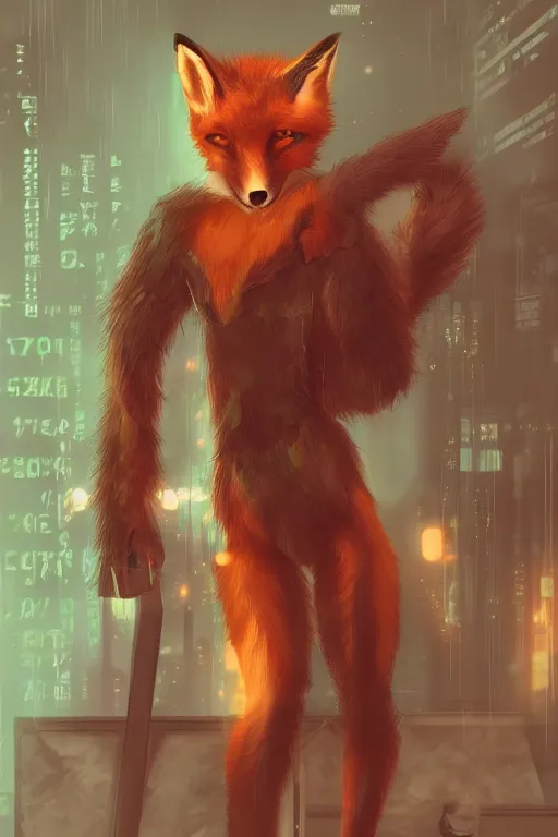 Image similar to a fox fursona, trending on artstation, by kawacy, furry art, digital art, cyberpunk, high quality, backlighting