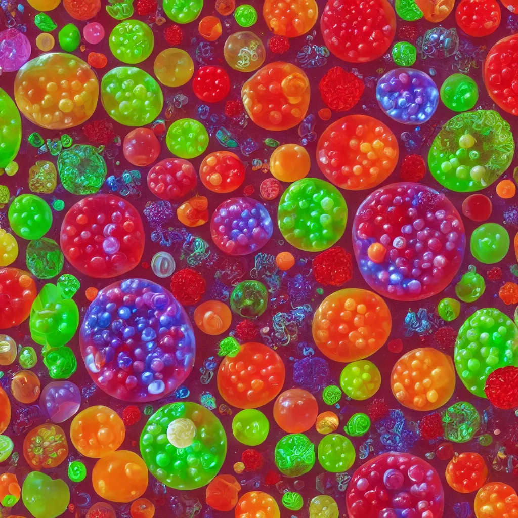 Image similar to well - lit studio photo of a model of a human cell made from fruit in jell - o, beautiful, highly detailed, showing the nucleus, endoplasmic reticulum, golgi bodies, mitochondria, and other organelles as fruit suspended in gelatin