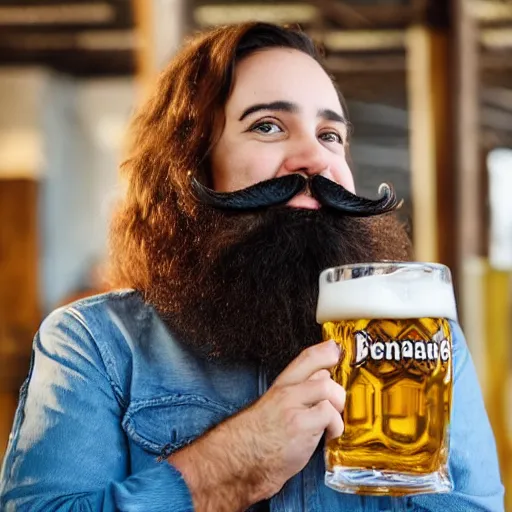 Image similar to a photo of a woman with a beard and moustache. she is smiling and drinking a big german beer.