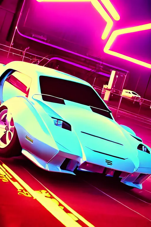 Image similar to quantum entanglement的synthwave sports car ,by Austin English ,cinema lighting,Game scene graph , very high detailed Unreal engine, in the style of a 70s science fiction novel cover