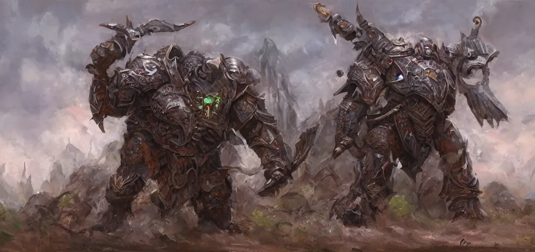 Image similar to oil painting of lone giant orc in futuristic armor roars as it steps over it's fallen enemy's bodies, boris vallego