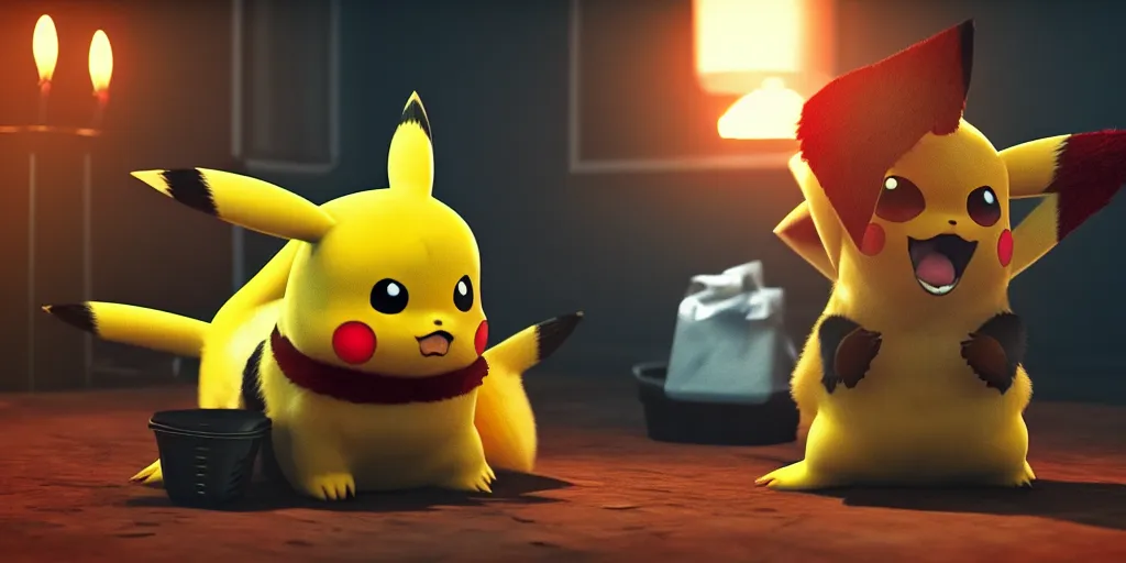 Image similar to pikachu devouring a dog sharp teeth burtal eyes scary mouth dark room red candles trash bin octane unreal engine render 8k photorealistic extreme detail textured