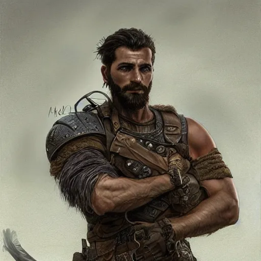 Image similar to portrait of a rugged ranger, 2 5 years old, handsome, muscular, upper body, leather, hairy torso, d & d, fantasy, intricate, elegant, highly detailed, digital painting, artstation, concept art, smooth, sharp focus, illustration, art by artgerm and greg rutkowski and alphonse mucha