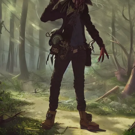 Image similar to concept art painting of a person with a head of a crow, with steampunk clothes, in the deep forest, realistic, detailed, cel shaded, in the style of makoto shinkai and greg rutkowski and james gurney