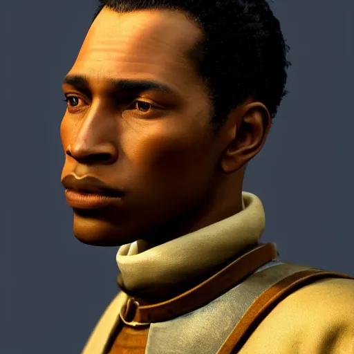 Image similar to A Crusader Kings II portrait of an African American young man with high cheekbones. Good bone structure. Dressed in 1940s style. Highly detailed, fine Art, high detail, great lighting, 8k resolution, masterpiece, concept art, illustration, clear eyes, painting oil on canvas, octane render, HDR, trending on artstation, 4k, 8k, HD