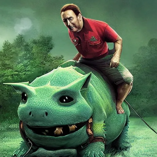 Image similar to Nicholas Cage riding a bulbasaur into battle, photograph