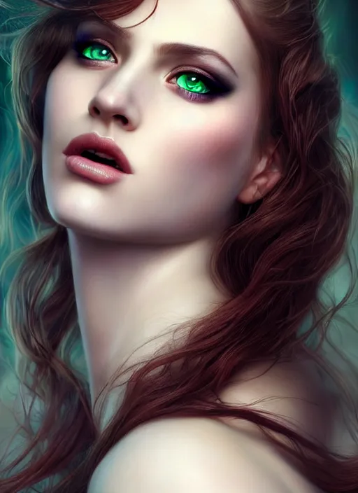 Prompt: a beautiful portrait, sexy fantasy. professionally retouched, soft lighting, wearing sexy black dessous, realistic, hyperrealistic hyperdetailed smooth face, perfect green eyes, long red hair with black highleights, wide angle, sharp focus on the eyes, 8 k high definition, insanely detailed, intricate, elegant, art by artgerm and wlop