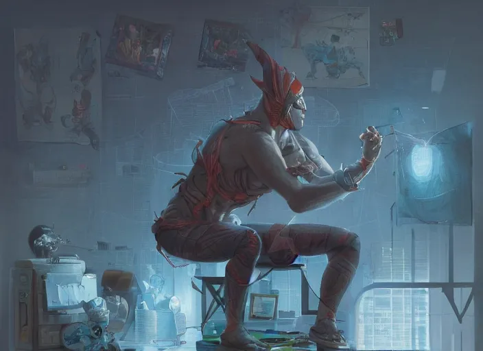 Image similar to an insanely detailed painting of an asian man wearing a homemade superhero costume, sitting at a desk, staring seriously at the computer and typing, in the style of peter mohrbacher, james jean, dramatic lighting and composition, surreal background, octane render, pixar, trending on artstation, concept art, comic book, view from behind, 8 k