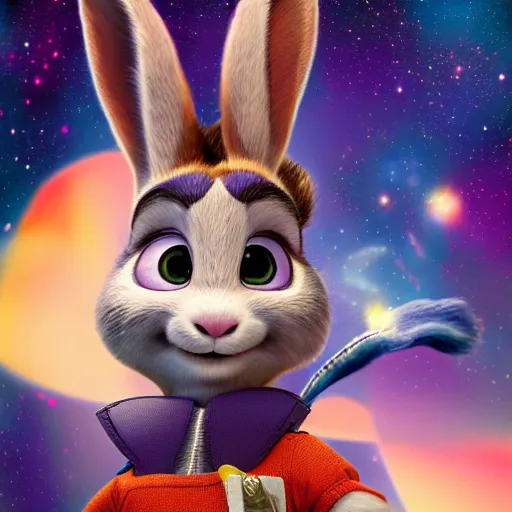 Image similar to portrait of Judy Hopps in the space with nebulae, realistic painting, high definition, digital art, matte painting, very detailed, realistic