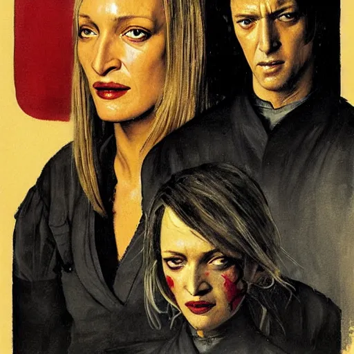 Image similar to a portrait painting of Uma Thurman in kill bill. Painted by Norman Rockwell