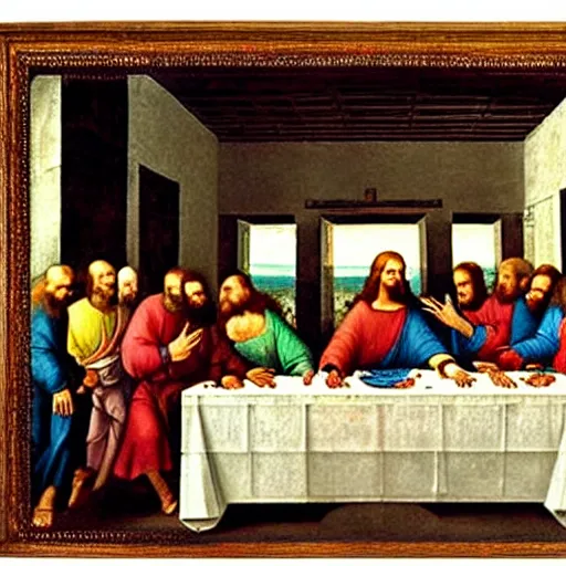 Image similar to The scene of the Last Supper of Jesus with the Twelve Apostles, the moment after Jesus announces that one of his apostles will betray him. Oil painting by Leonardo da Vinci, 1495.