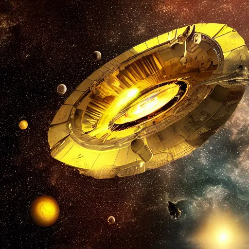 Image similar to giant mothership in space landing at a golden city floating in outerspace, realistic, detailed, digital art, 8k, space, galaxy, stars, art station, destiny