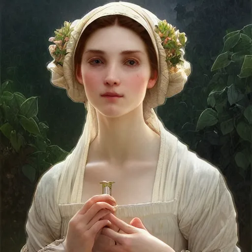 Image similar to Portrait of beautiful pale peasant girl, cinematic lighting, intricate, elegant, highly detailed, digital painting, artstation, smooth, sharp focus, illustration, art by artgerm and greg rutkowski and alphonse mucha and Wayne Barlowe and william-adolphe bouguereau