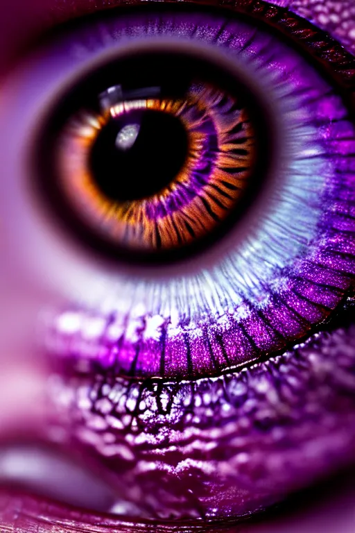 Prompt: macro photography of a hyper realistic eye. shades of purple in the iris with a forest reflected in it. epic scale, insanely complex, hyperdetailed, sharp focus, hyper realism, artstation, cgsociety, 8 k, bright colors, by takato yamamoto, unreal engine 5