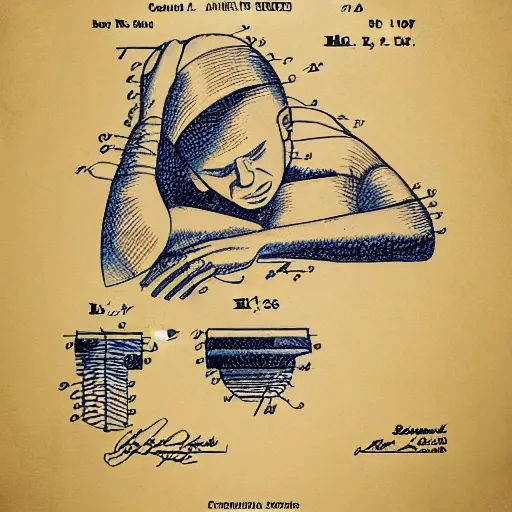 Image similar to patent drawing of a sleeping man in a nightcap with lots of labels. technical drawing. mathematical.