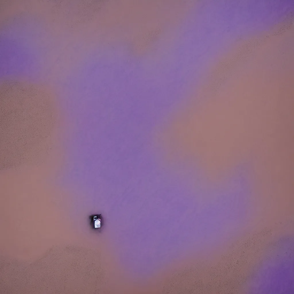 Prompt: drone view of iridiscent oil spill in desert dunes of sand tempest with women corpses connected by cables and computers to wax forms to a buried baby relaxing on yoga mat, faded, purple gradient, dust, purple fog, depth of field, by werner herzog, hans bellmer and nadav kander, 8 k, sad atmosphere, cinematic