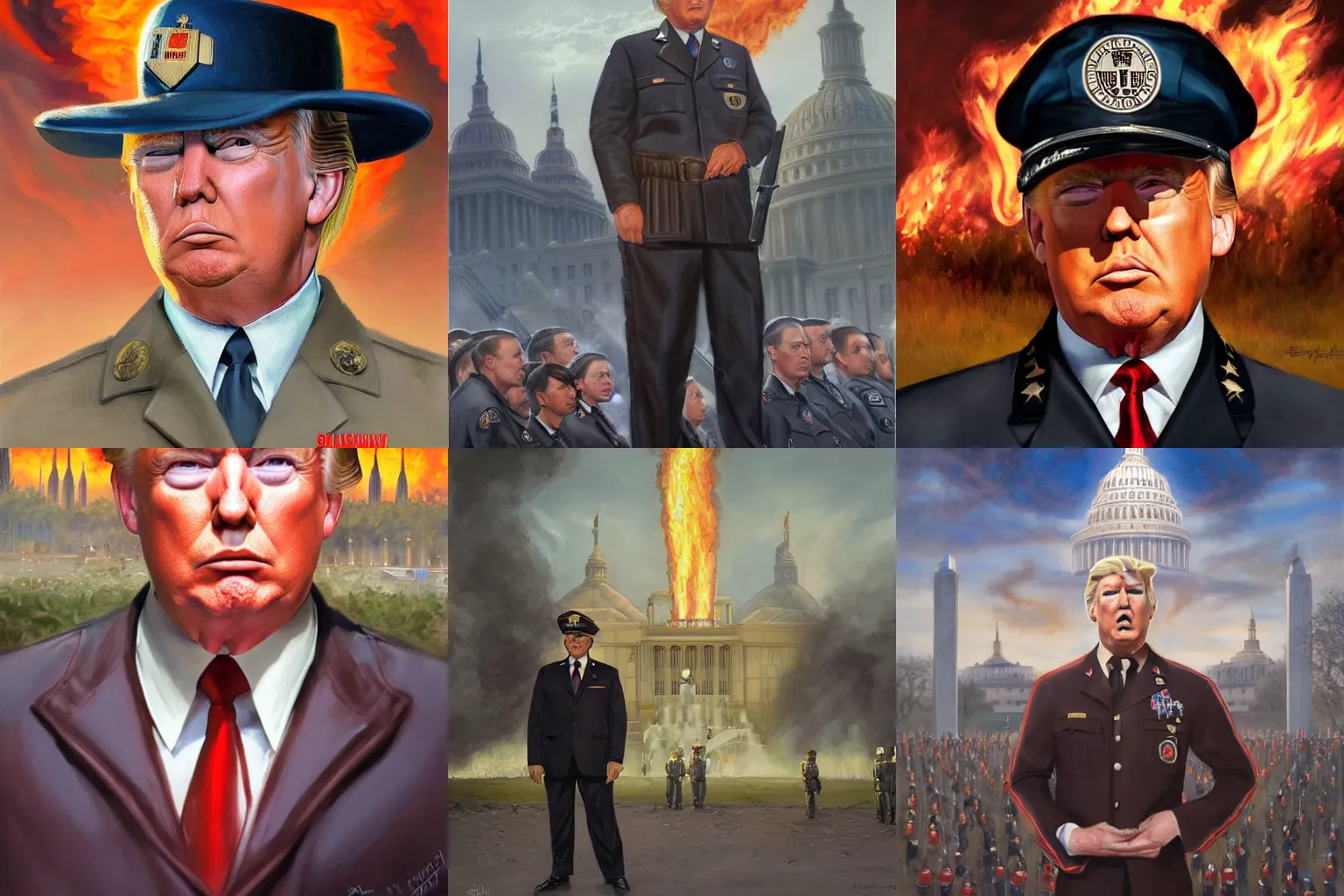 Prompt: Donald Trump wearing a Schutzstaffel uniform, portrait art by Donato Giancola and Bayard Wu, background depict american capitol building on (fire)(smoke), digital art, trending on artstation, 4k