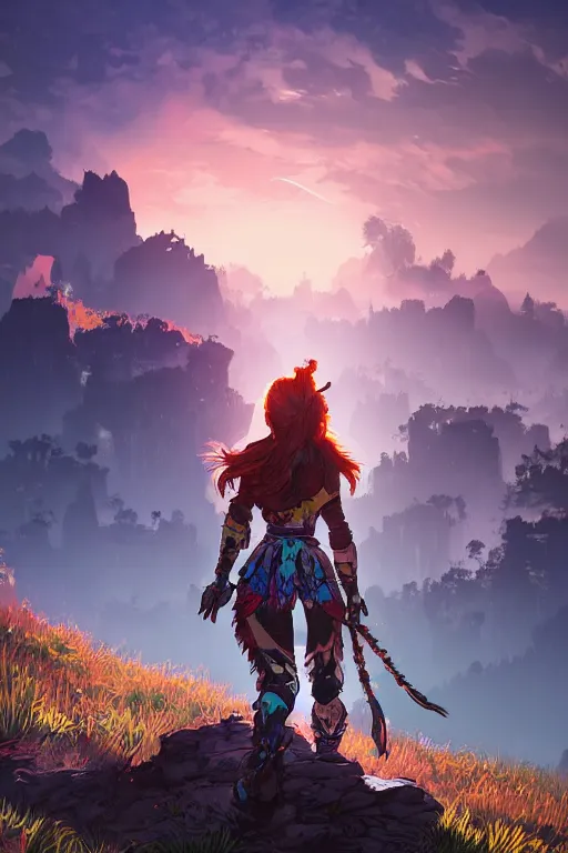 Image similar to combination suit armor aloy horizon forbidden west horizon zero dawn radiating a glowing aura global illumination ray tracing hdr fanart arstation by ian pesty and alena aenami artworks in 4 k tribal robot ninja mask helmet backpack