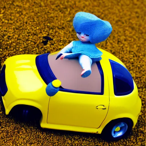 Prompt: blue doll holding yellow car in the hand, on top of her head laying red ball