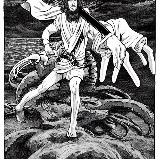 Prompt: Jesus as anime character fighting a giant enemy crab