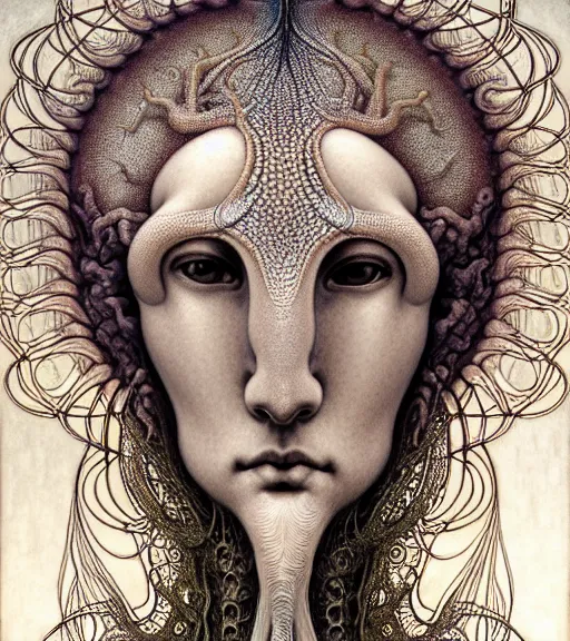 Image similar to detailed realistic beautiful squid goddess face portrait by jean delville, gustave dore, iris van herpen and marco mazzoni, art forms of nature by ernst haeckel, art nouveau, symbolist, visionary, gothic, neo - gothic, pre - raphaelite, fractal lace, intricate alien botanicals, ai biodiversity, surreality, hyperdetailed ultrasharp octane render