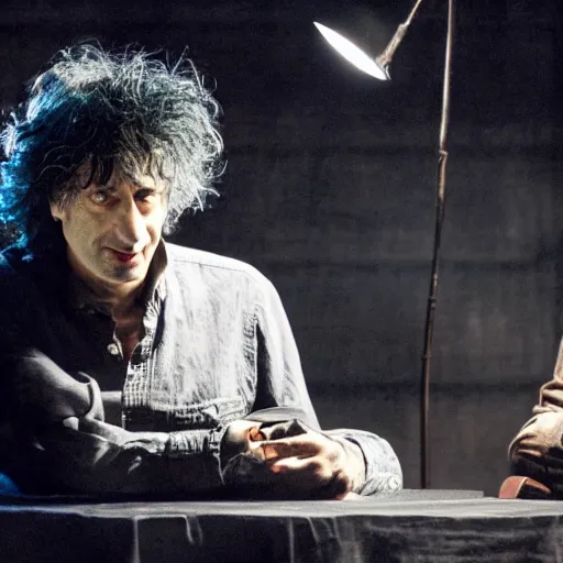 Image similar to a dramatic photograph of neil gaiman having a conversation with the sandman in a fantasy world, dramatic lighting, filmic, cinematographic, sci - fi