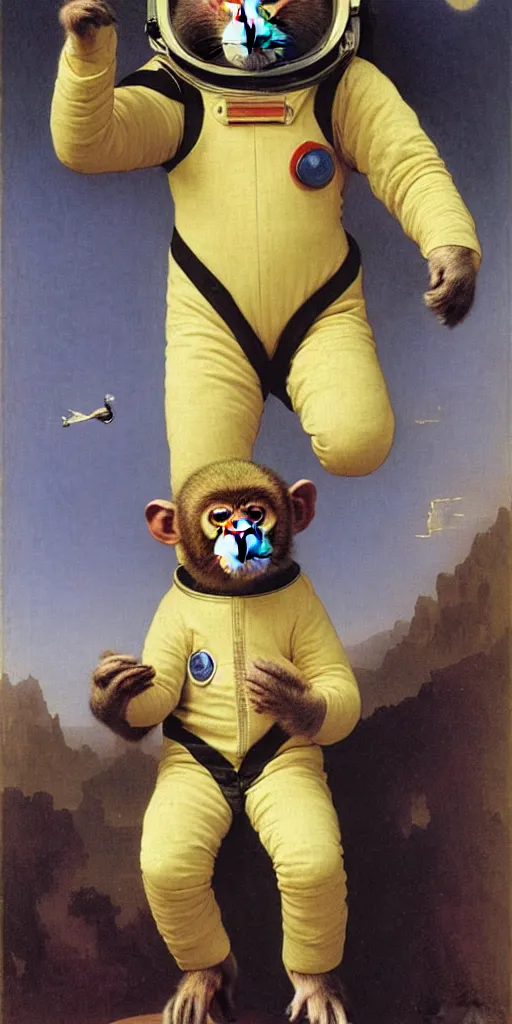 Image similar to portrait of a monkey wearing a spacesuit and an astronaut helmet, by bouguereau