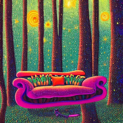 Image similar to psychedelic couch sofa in the pine forest, guitar, milky way, designed by moebius, rob gonsalves, gustav dore, giuseppe arcimboldo and carl barks, louis wain, trending on artstation, canada, star, sharp focus, colorful refracted sparkles and lines, soft light, 8 k 4 k