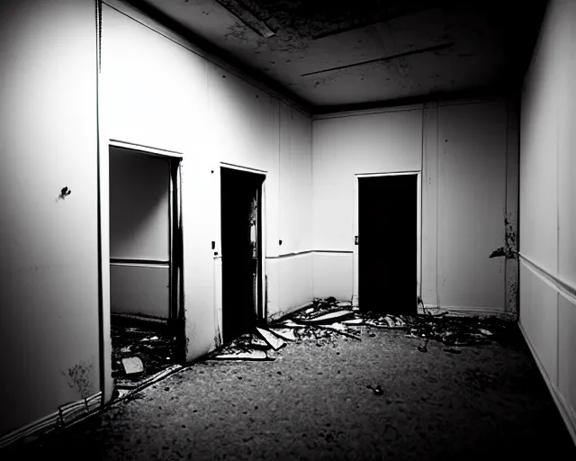 Image similar to the backrooms, the eerie forlorn atmosphere of a place that's usually bustling with people but is now abandoned and quiet, buzzing fluorescent lights above the ceiling, unsettling images, liminal space, dark, white monster standing